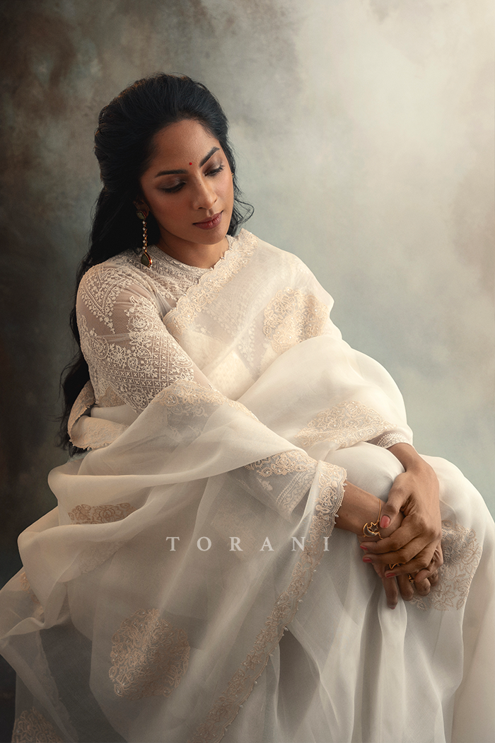 Sriya Reddy in our Swetah Aadira Rubani Saree Set