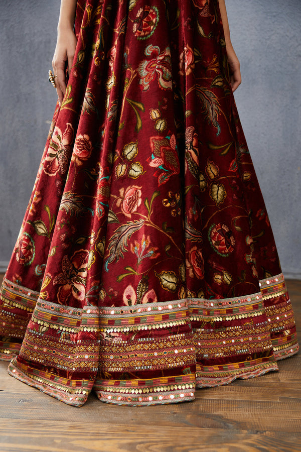 Maroon Silk Velvet Anarkali dress in silk velvet