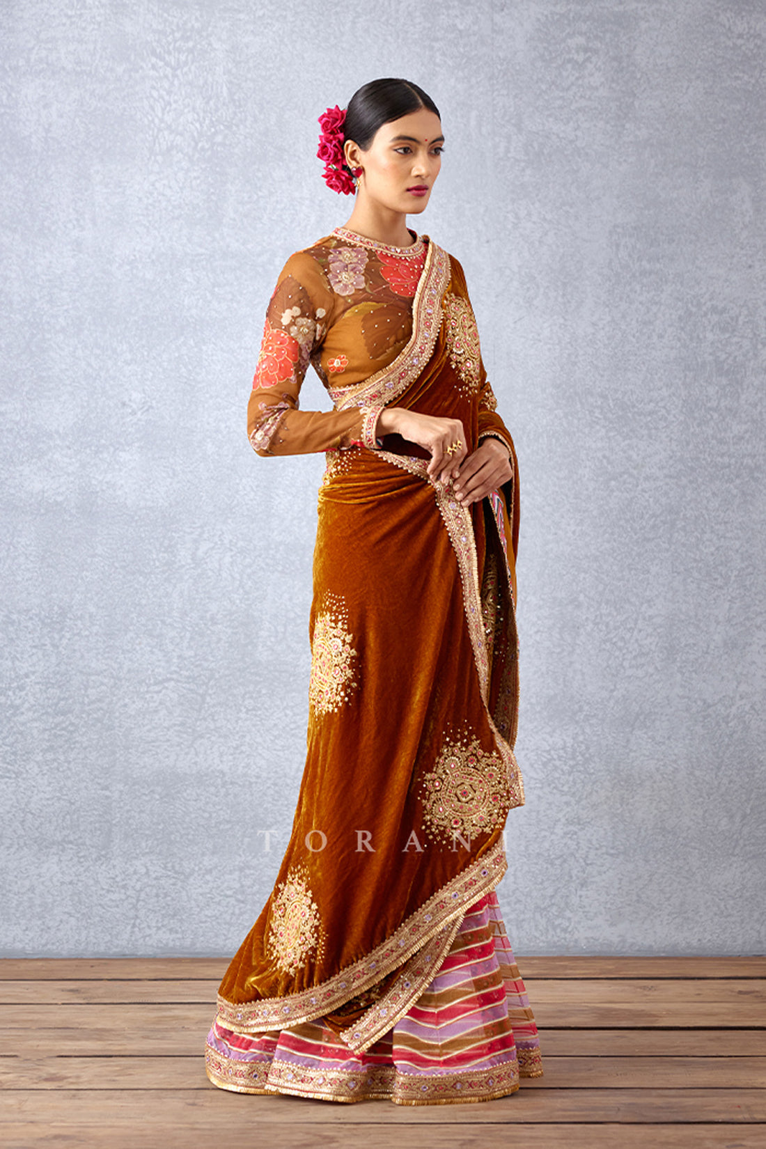 Ochre Yellow Gota Highlighted Stripe Printed Pre-stitched Saree