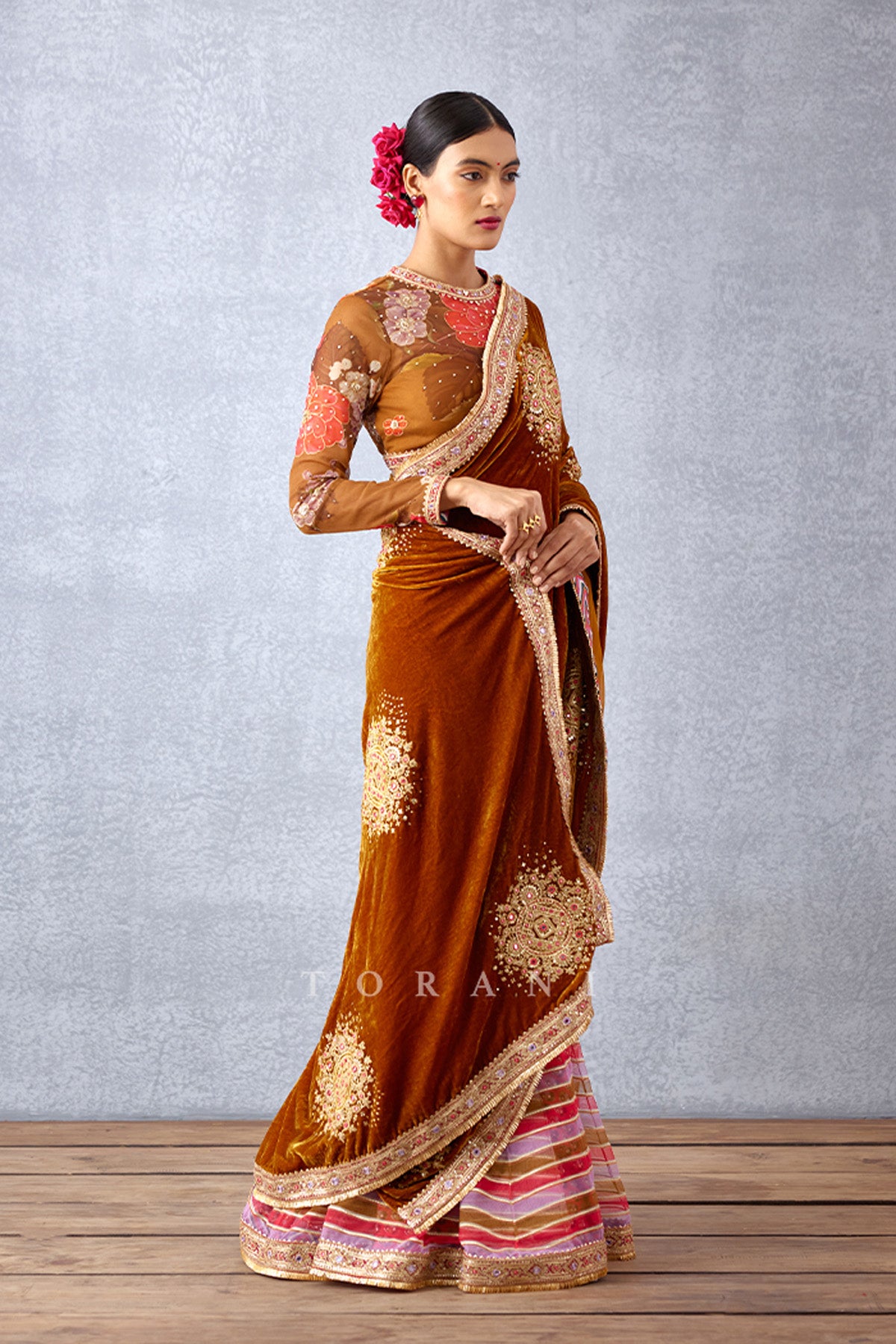 Ochre Yellow Gota Highlighted Stripe Printed Pre-stitched Saree