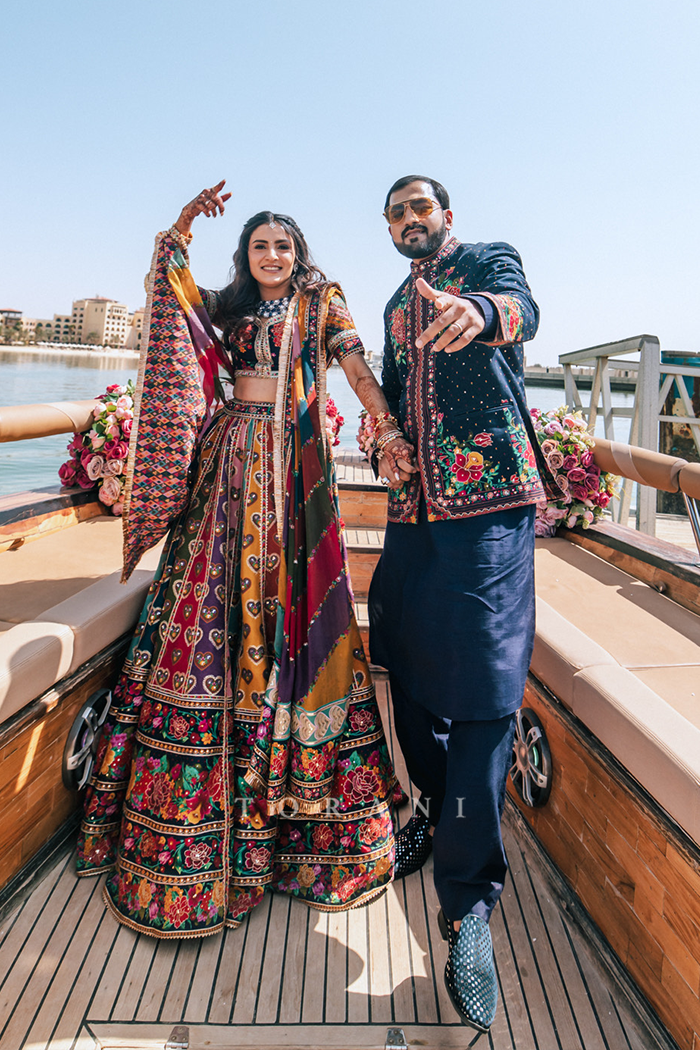 Radhika & Abhishek in our Dil Rangrez Jiya Lehenga Set and Custom Dil Rang Arham Jacket Set