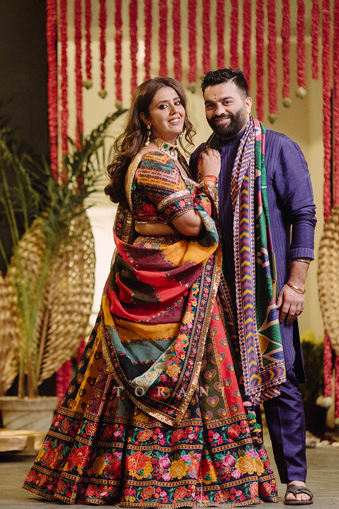 Rasalica and Abhishek in our Dil Rangrez Jiya Lehenga Set & Custom Jamuni Navratan Kurta Set