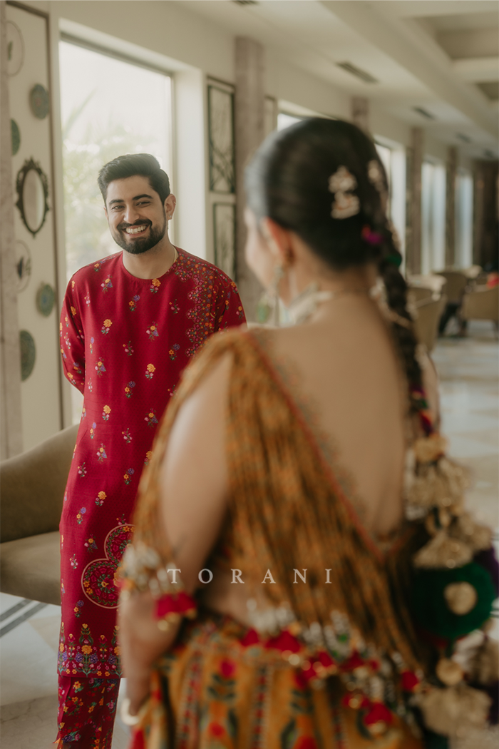 Aakrati and Vaibhav in our Dil Seher Bhavi Lehenga Set & Dil Surkh Mamun Kurta Set