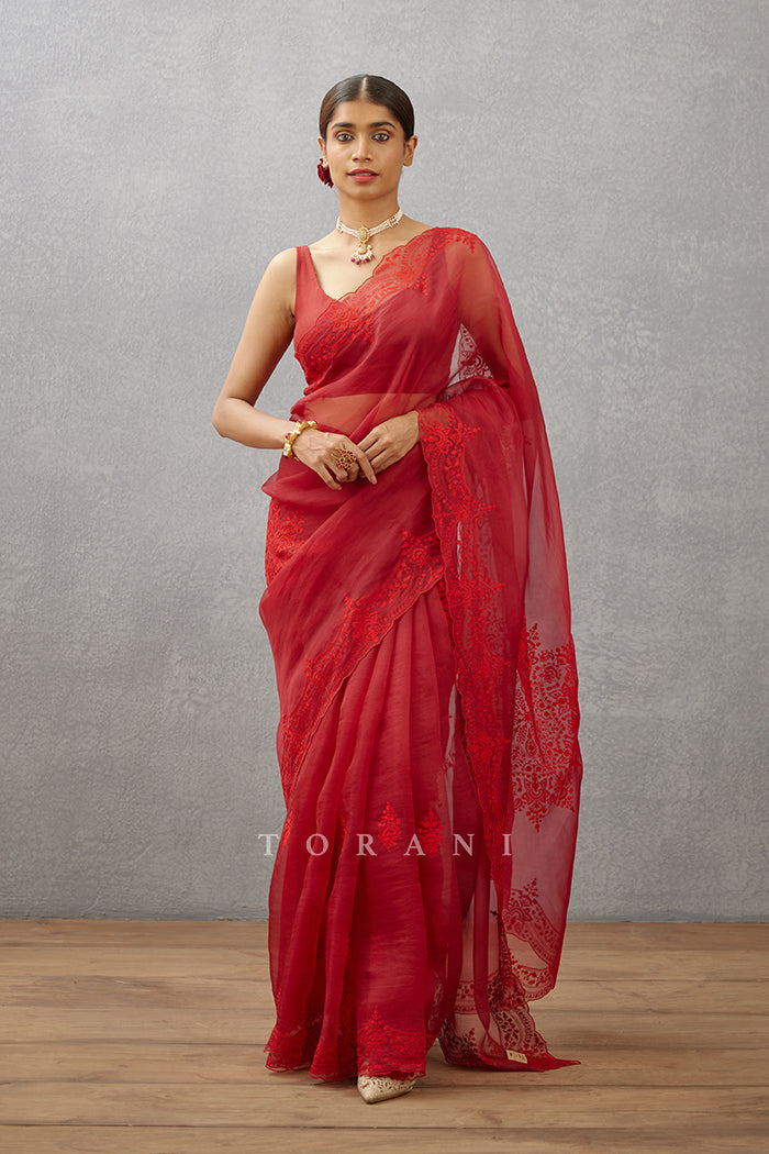 Torani - Red Handwoven Chanderi V Neck Silk Organza Saree Blouse For Women