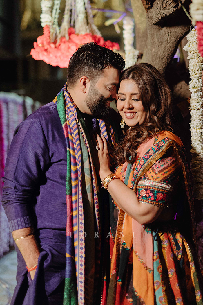 Rasalica and Abhishek in our Dil Rangrez Jiya Lehenga Set & Custom Jamuni Navratan Kurta Set