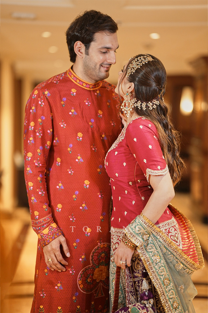 Khushboo and Vardan in our Chandramallika Manmayi Gharara Set & Dil Surkh Mamun Kurta Set