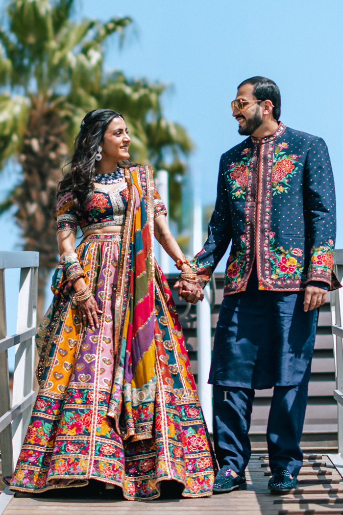 Radhika & Abhishek in our Dil Rangrez Jiya Lehenga Set and Custom Dil Rang Arham Jacket Set