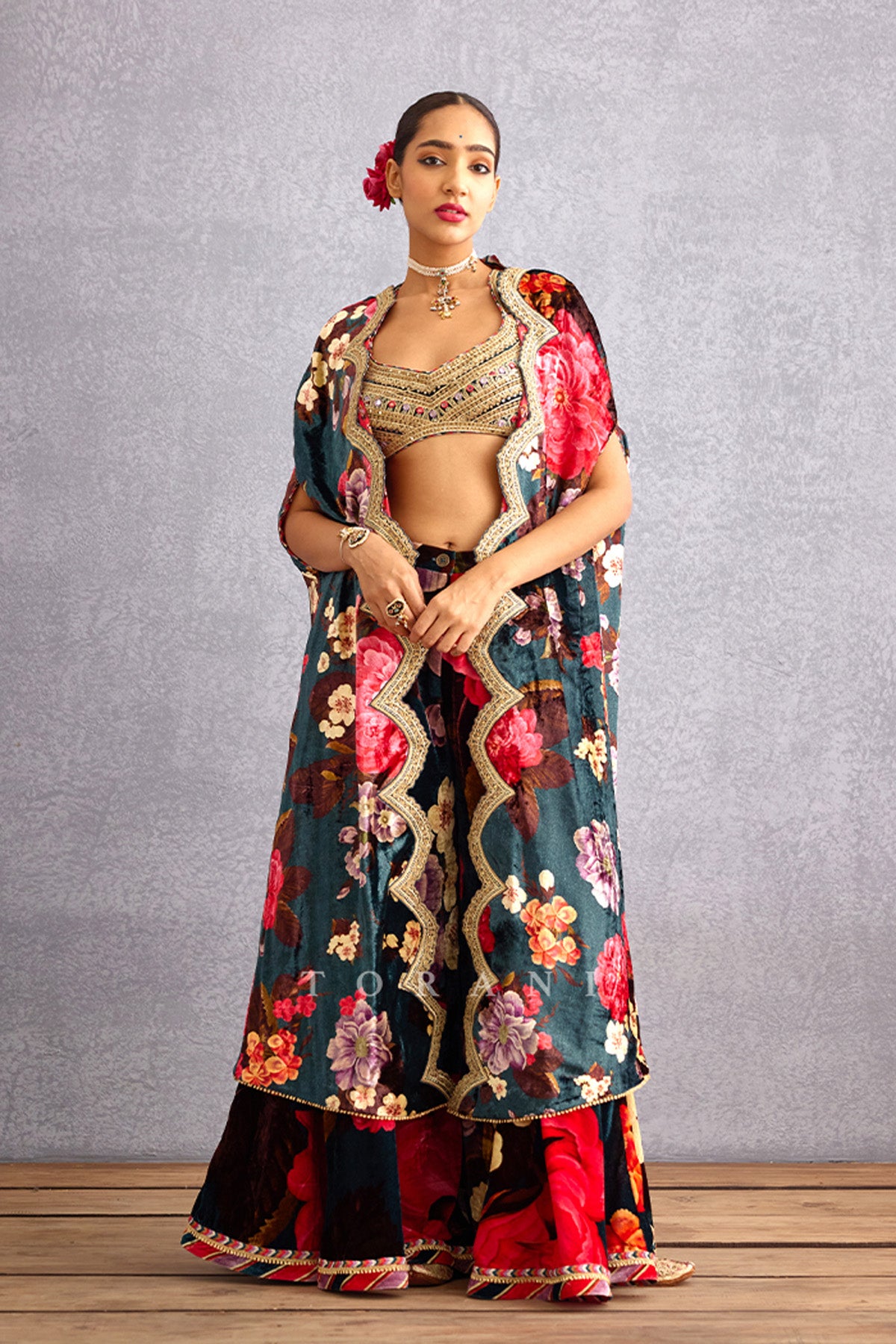 Navy Blue Sheer Cape in Silk Organza with Raw Silk Bralette and Palazzo in Silk Crepe