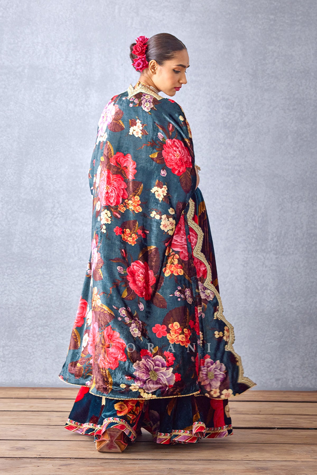 Sheer Cape in Silk Organza with Raw Silk Bralette & Palazzo in Silk Crepe