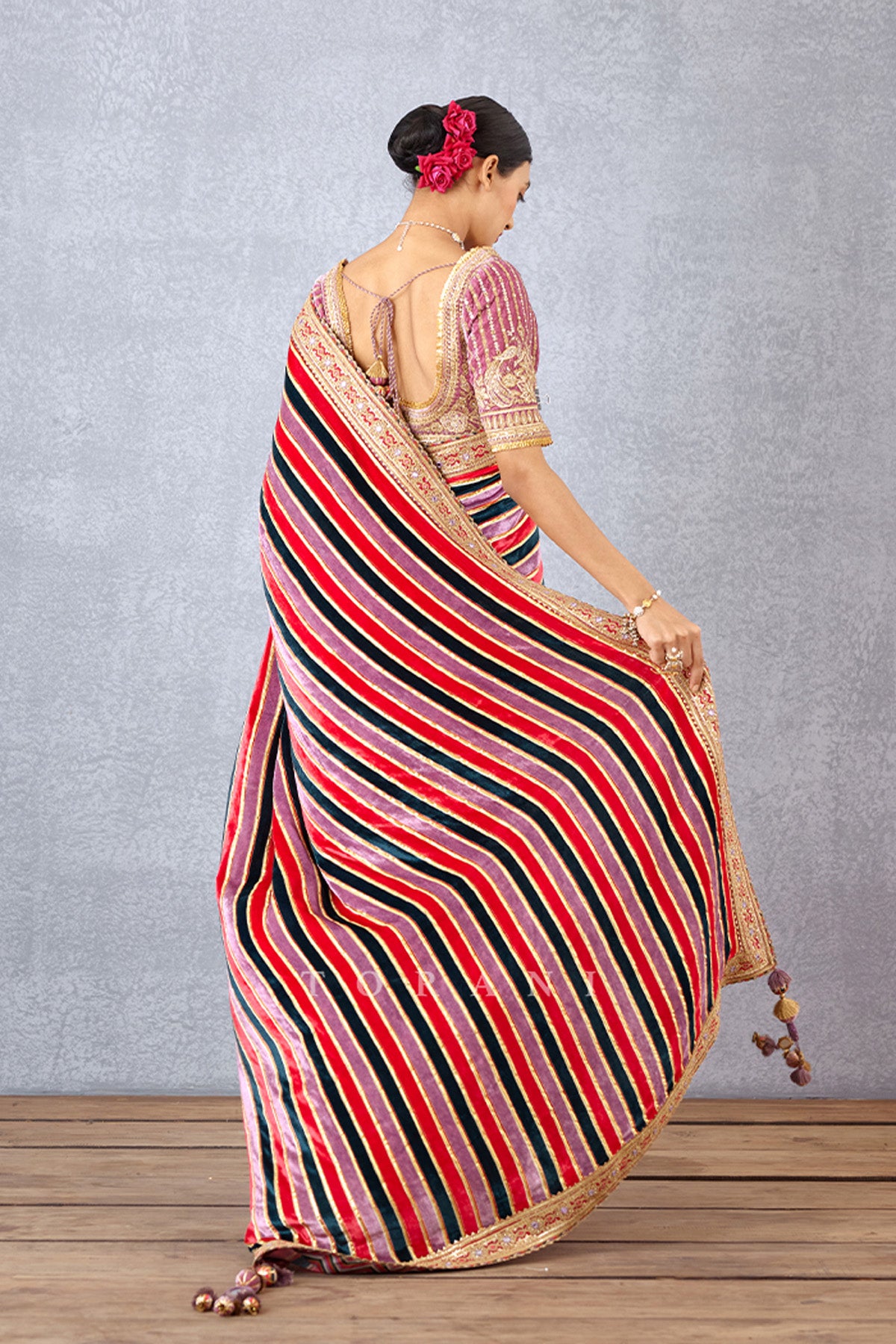 Half and Half Stripe Printed Saree in Silk Velvet