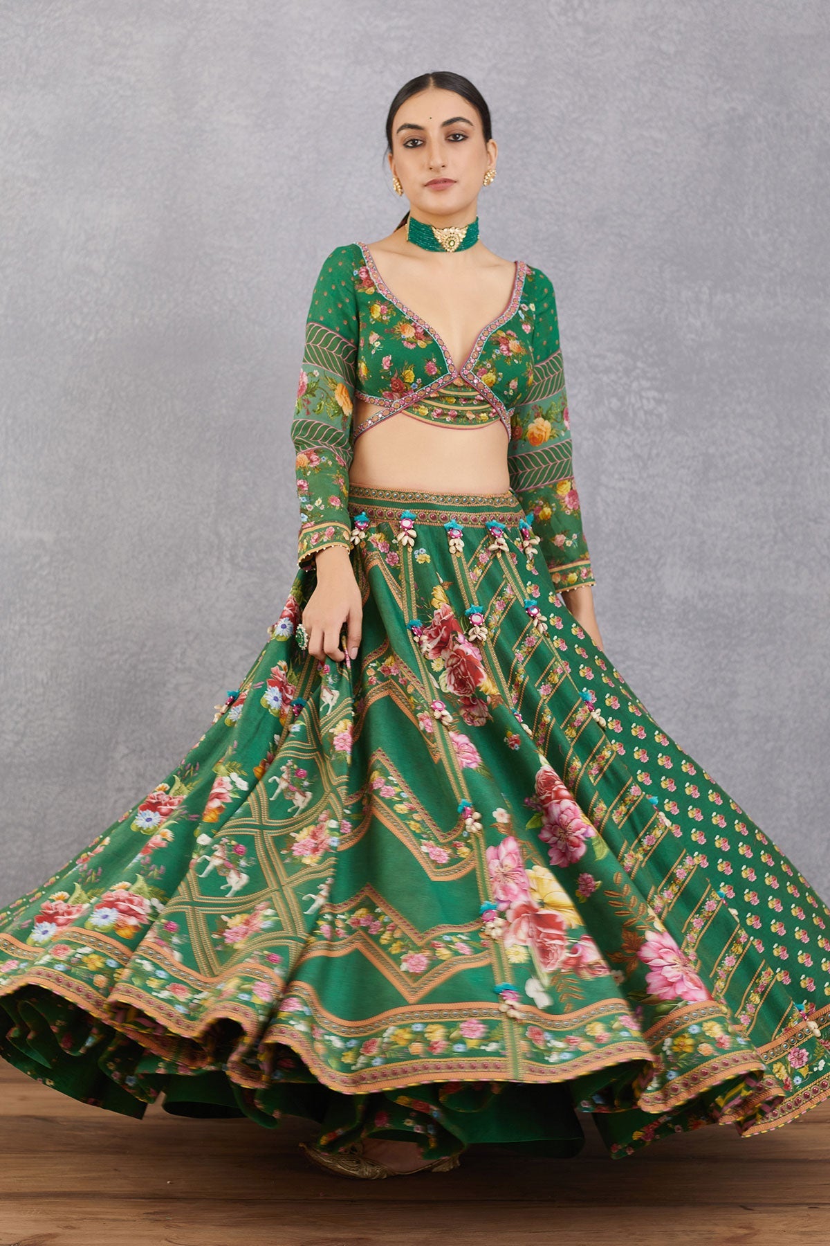 Amandeep Gill in our Panna Waheeda Lehenga Set & Demitri in our Panna Gulfam Bandi Set