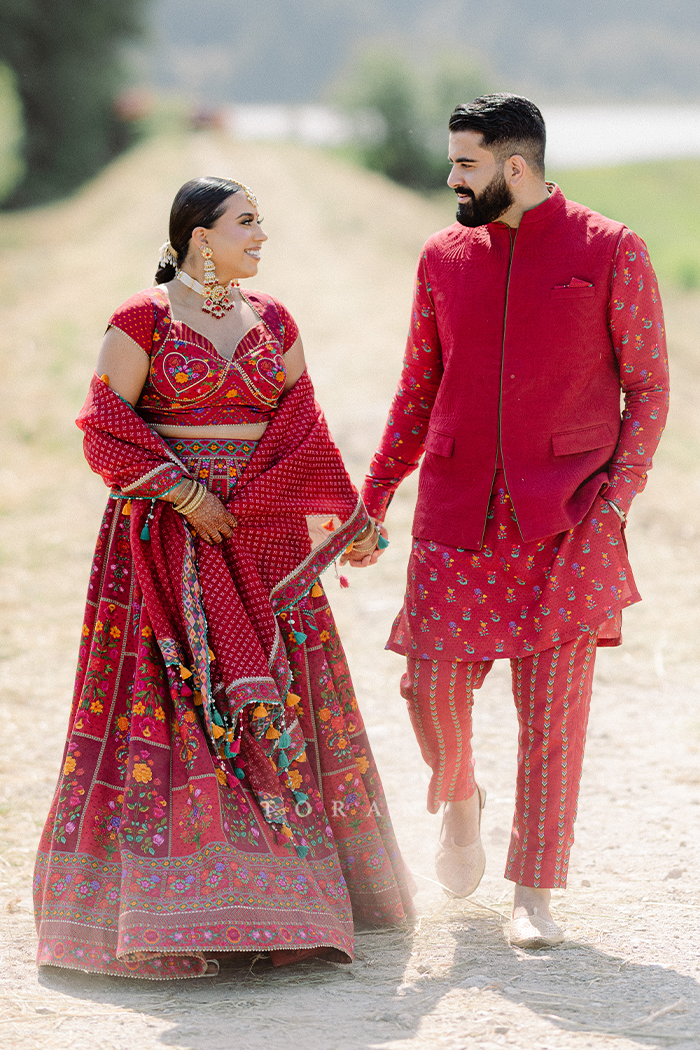 Jasmin and Nav in our Dil Surkh Avora Javeri Lehenga Set & Dil Surkh Ramzi Bandi Set