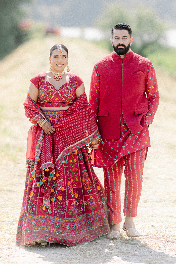 Jasmin and Nav in our Dil Surkh Avora Javeri Lehenga Set & Dil Surkh Ramzi Bandi Set