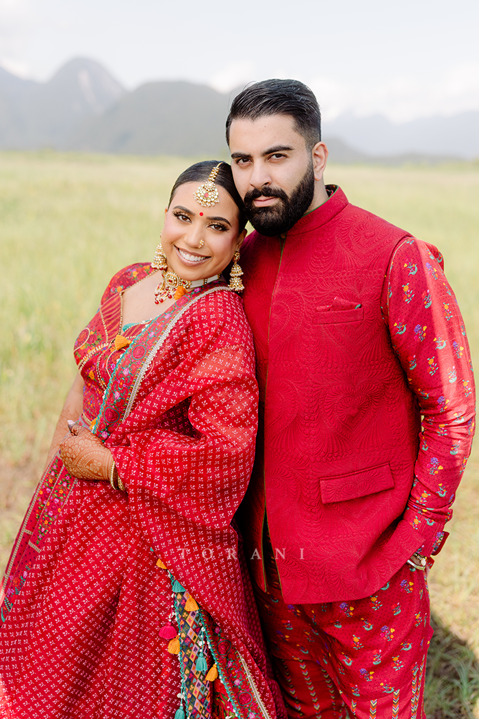Jasmin and Nav in our Dil Surkh Avora Javeri Lehenga Set & Dil Surkh Ramzi Bandi Set