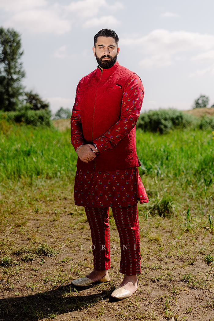 Jasmin and Nav in our Dil Surkh Avora Javeri Lehenga Set & Dil Surkh Ramzi Bandi Set