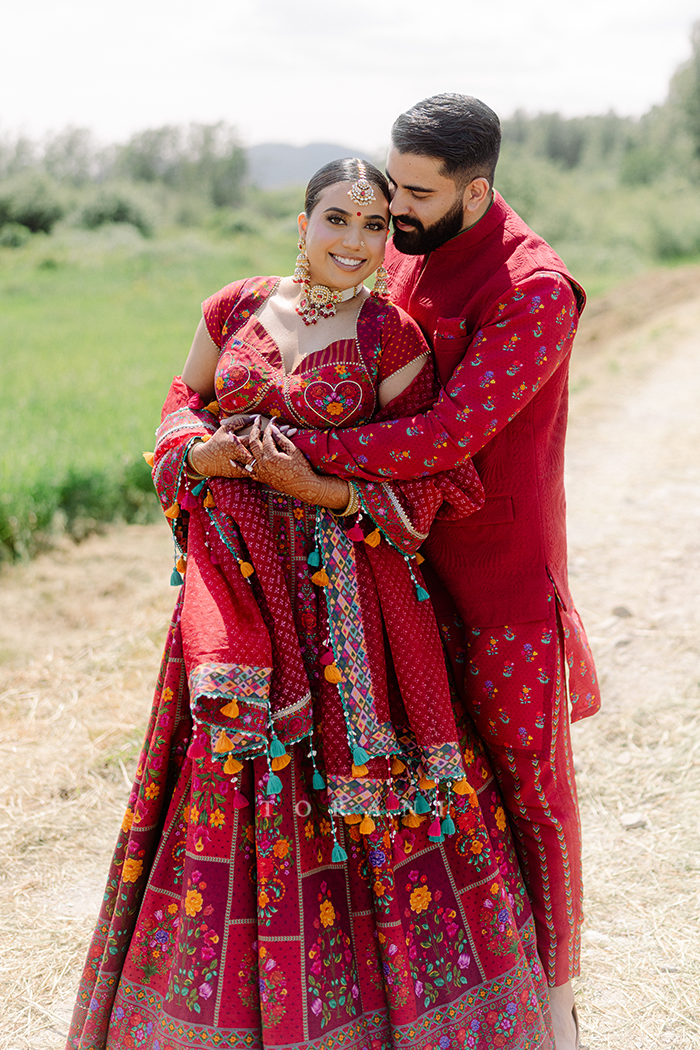 Jasmin and Nav in our Dil Surkh Avora Javeri Lehenga Set & Dil Surkh Ramzi Bandi Set