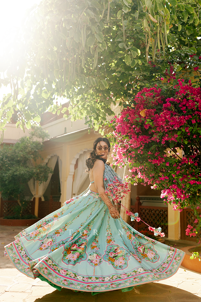 Rasalica and Abhishek in our Firoza Arshneer Lehenga Set & Custom Firoza Bandi