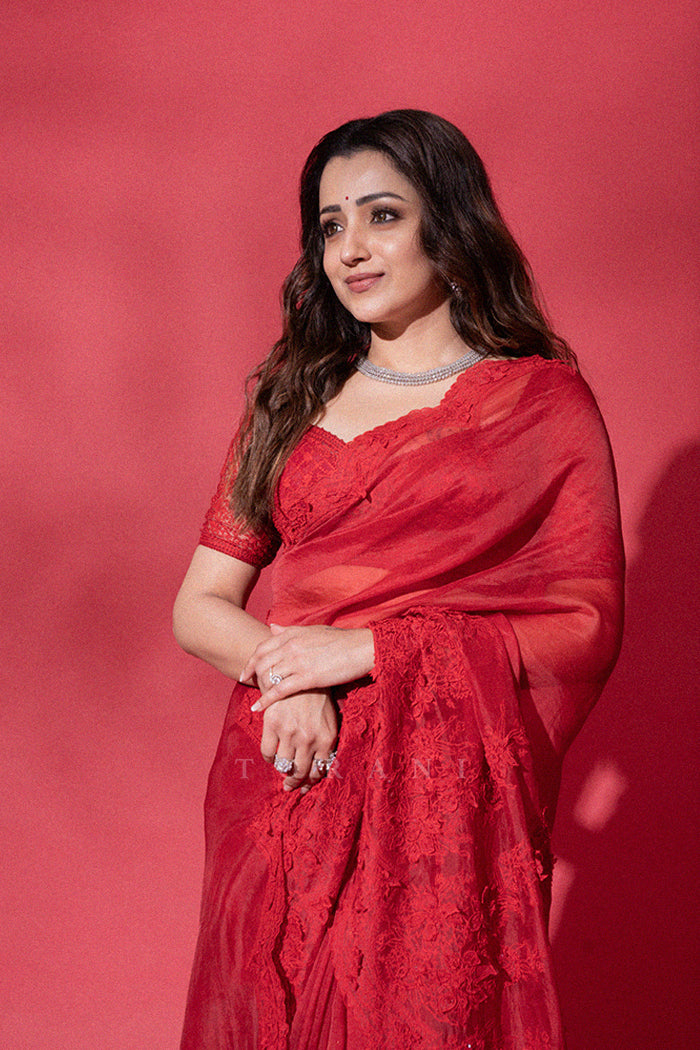 Trisha Krishnan in our Surkh Ela Meher Passa Saree Set