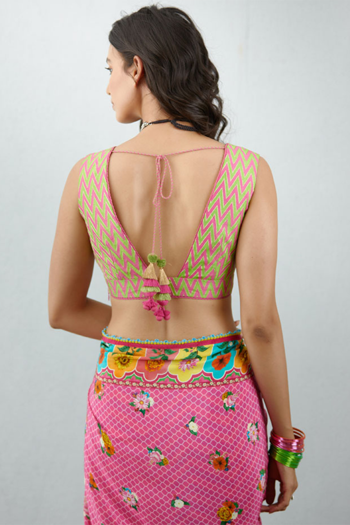 Deep neck printed blouse in chanderi