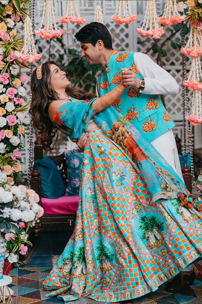 Juhi with Her Partner in Our Custom Lehenga & Bandi Set