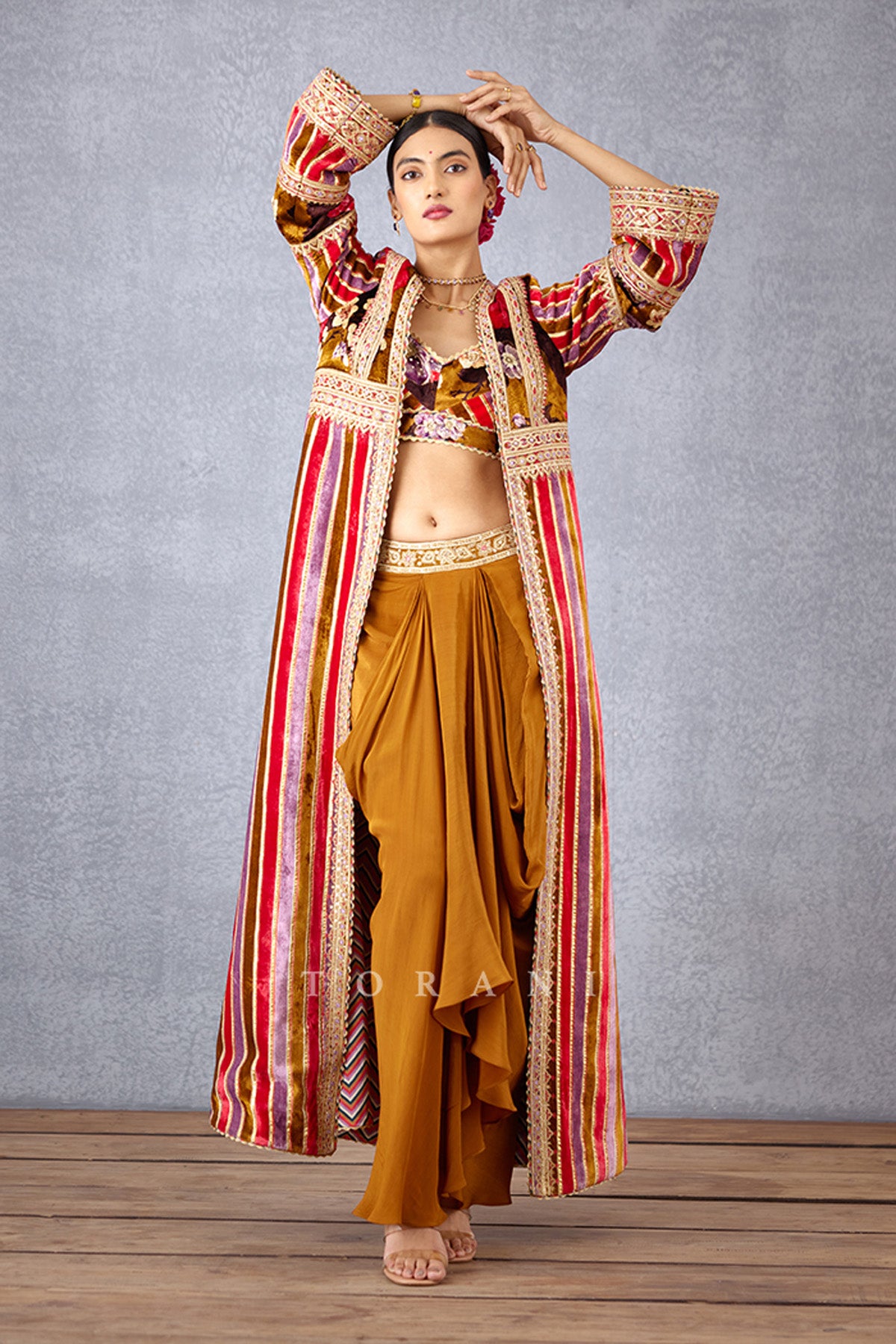 Ochre Yellow Digital Printed Striped Choga jacket