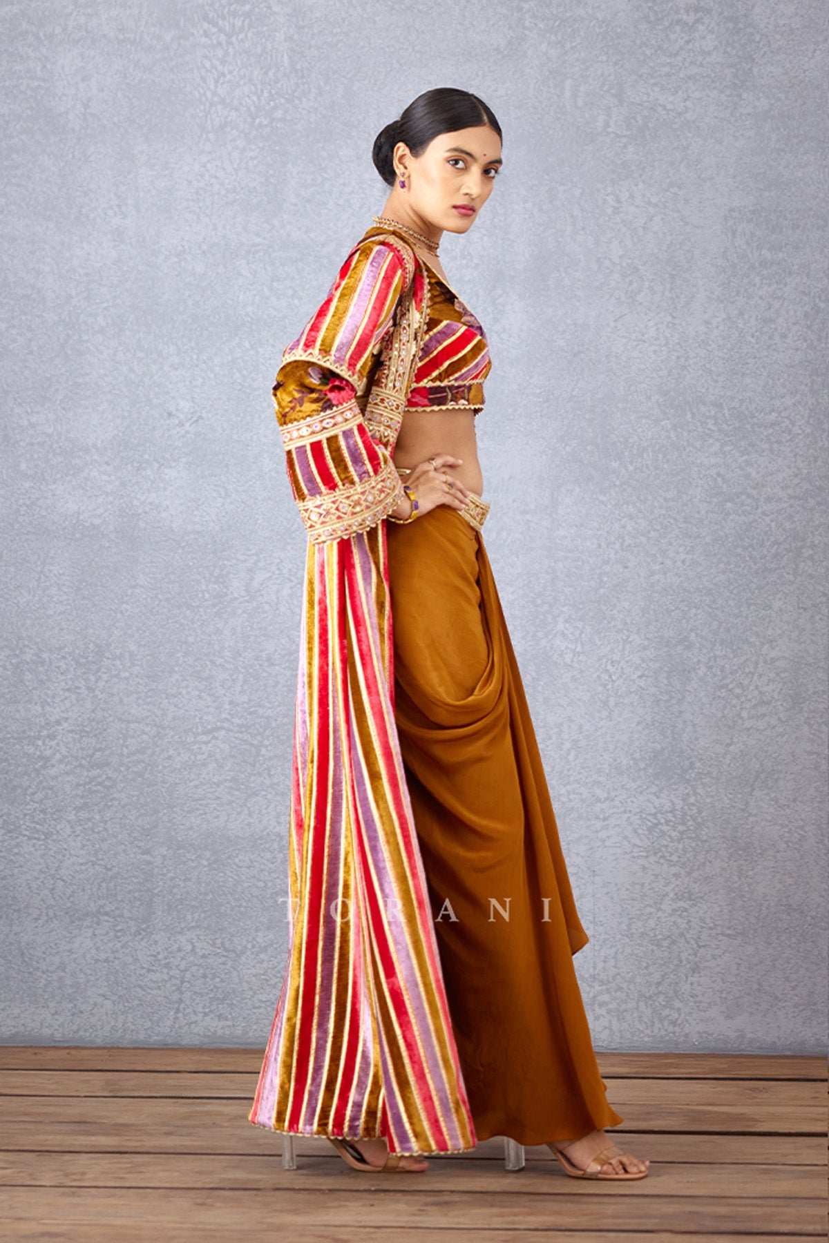 Ochre Yellow Digital Printed Striped cape and Gota Detailing Bralette in Silk Velvet with Silk Crepe Dhoti Pants