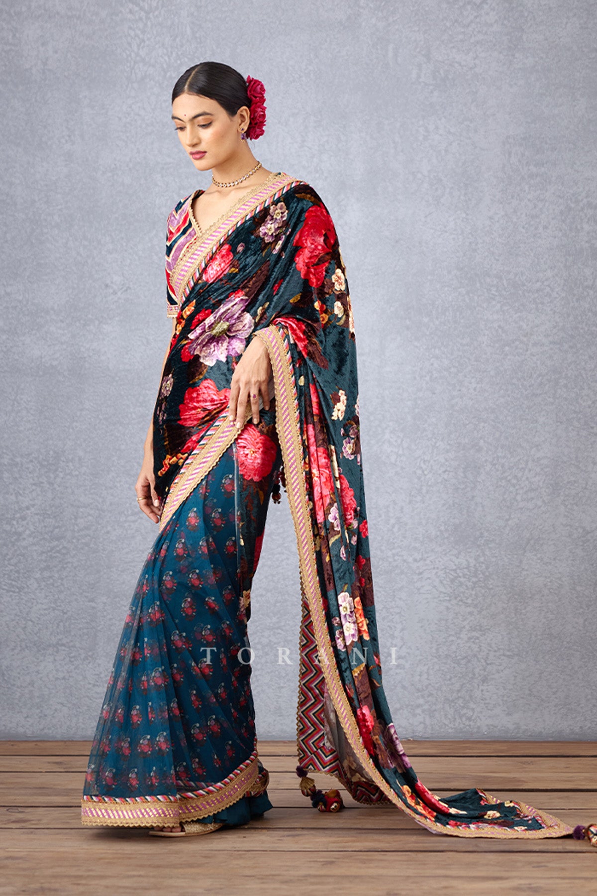 Navy Blue Digital Printed Half and Half Saree