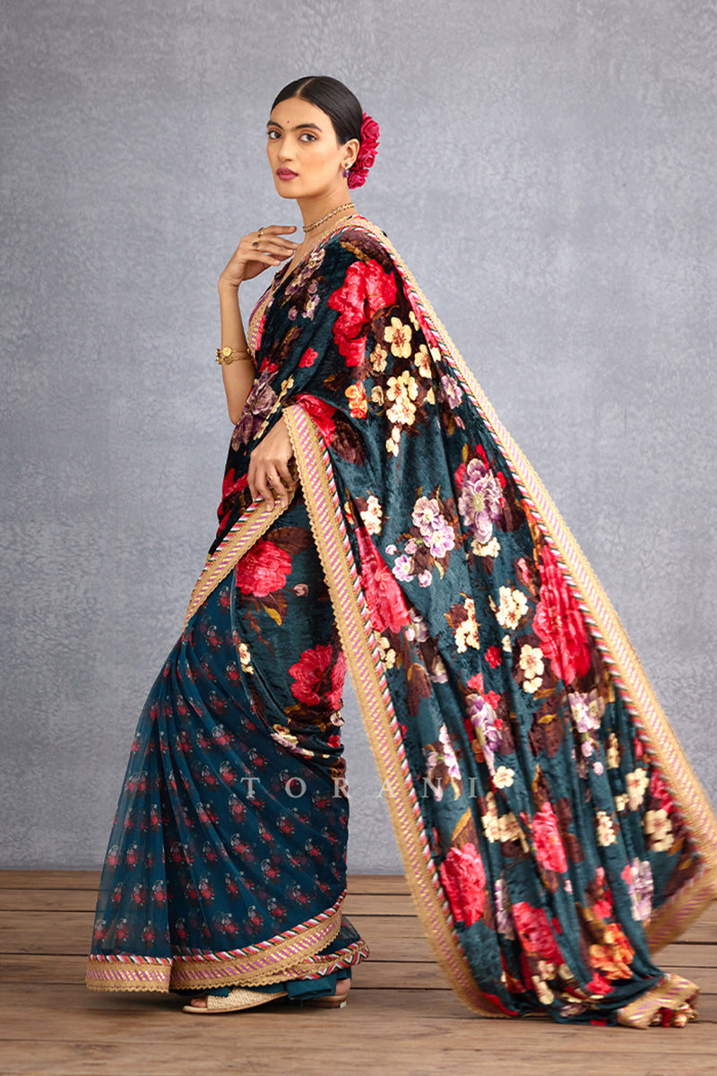 Navy Blue Half & Half Saree Having Half Butterfly Net Fabric and Pallu in Silk Velvet Finished with Embroidered Border