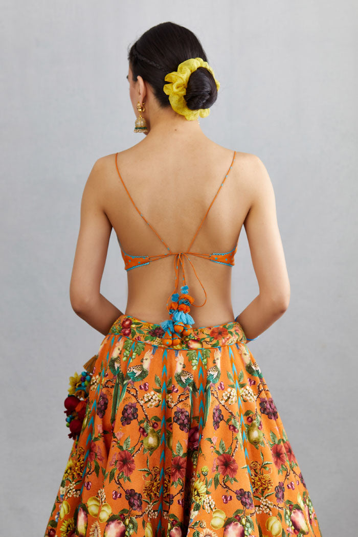 Lehenga with backless choli in handwoven chanderi