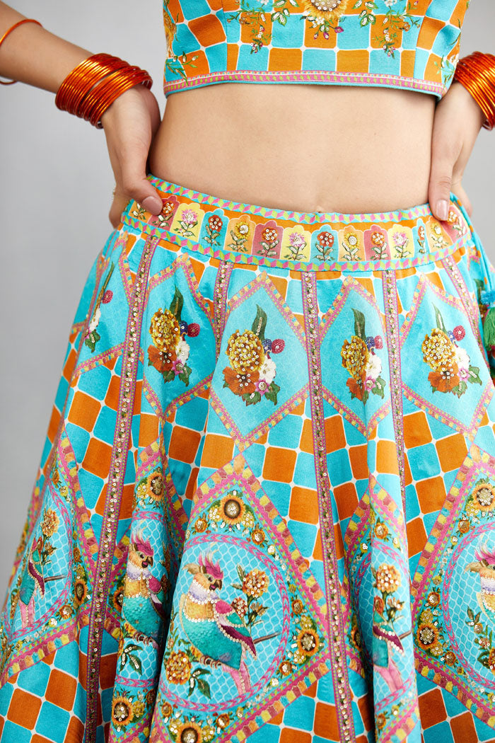 chanderi lehenga set with PARROT PRINT & Hand Detailing