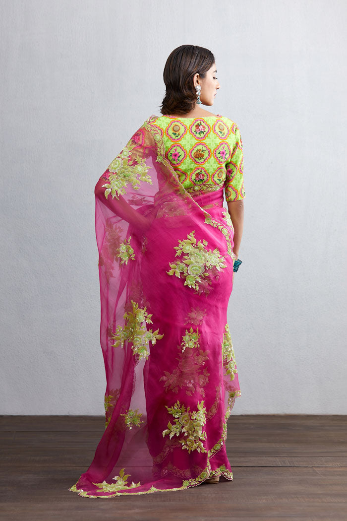 Dark Pink saree in Organza with hand Embroidery