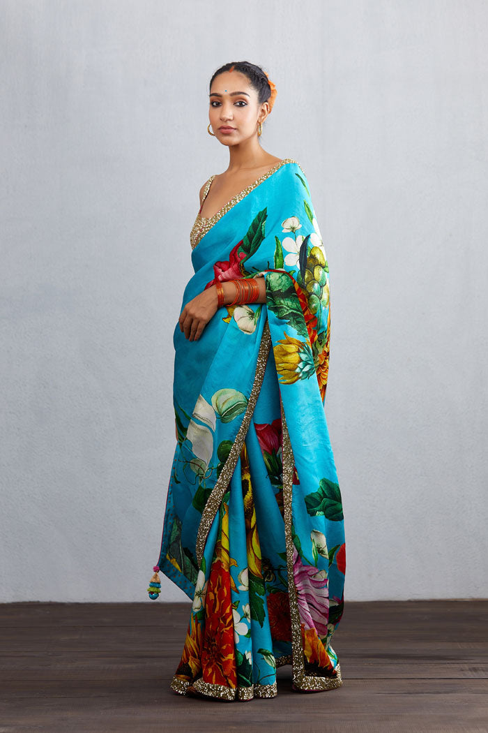 digital printed organza saree with satin border