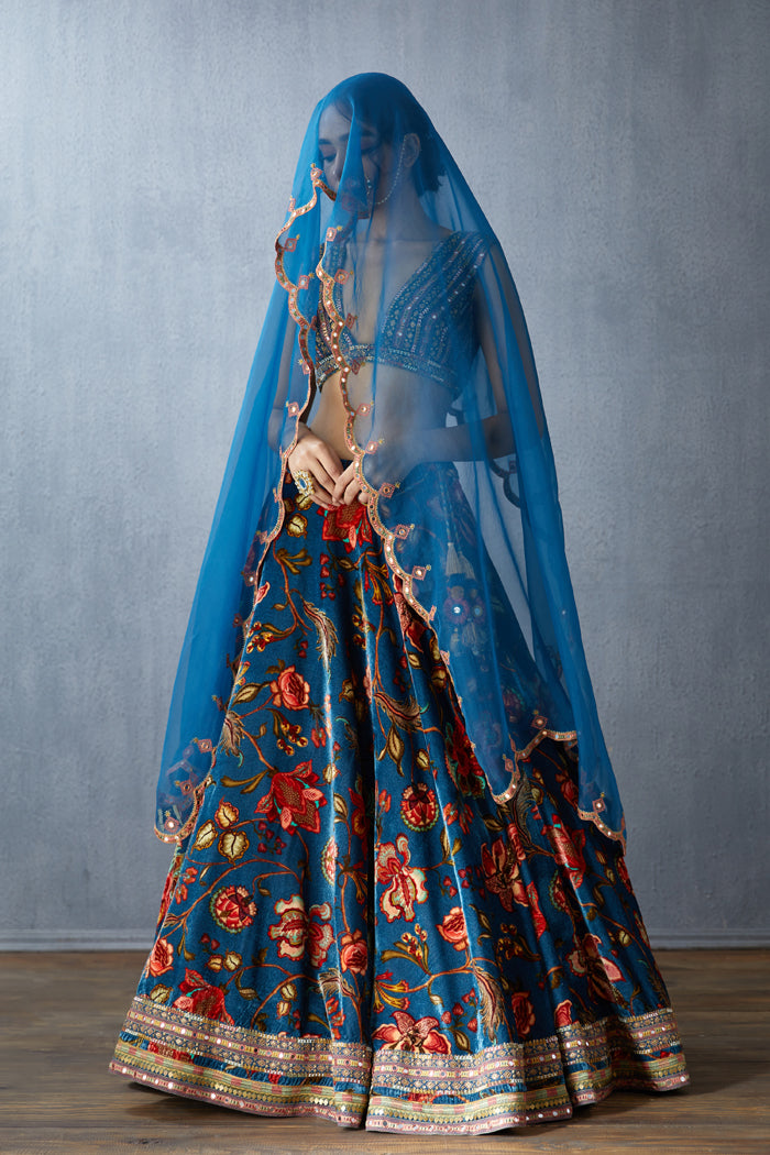 Blue Lehenga Set in luxurious silk velvet with dupatta in silk organza