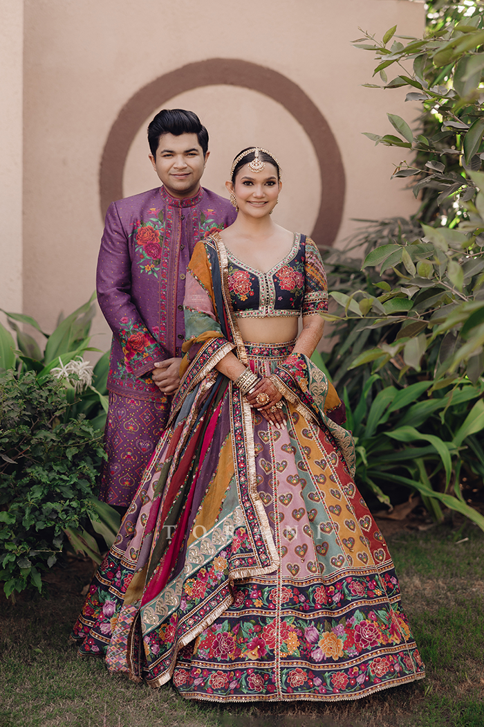 Kesar & Dhairya in our Dil Rangrez Jiya Lehenga Set and Dil Kusha Arham Jacket Set