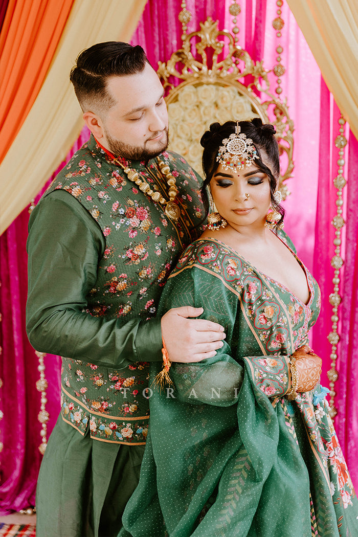 Amandeep Gill in our Panna Waheeda Lehenga Set & Demitri in our Panna Gulfam Bandi Set