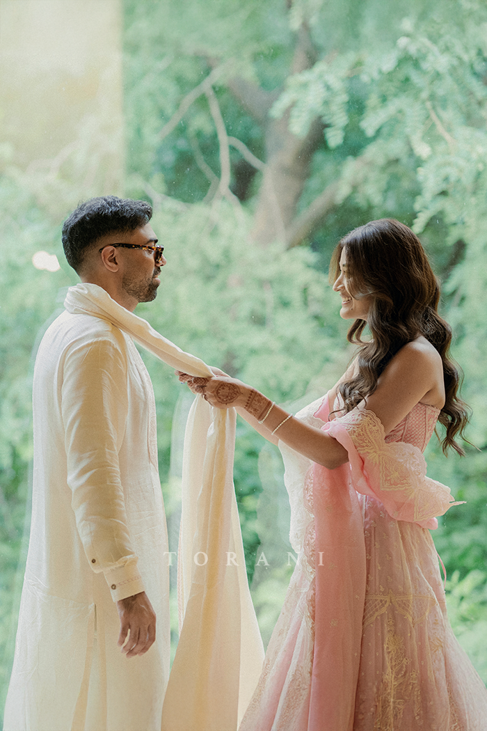 Shruti Bhargava & Shubham Torani in our Gulaban Ayra Lehenga Set and Mogra Vedant Kurta Set