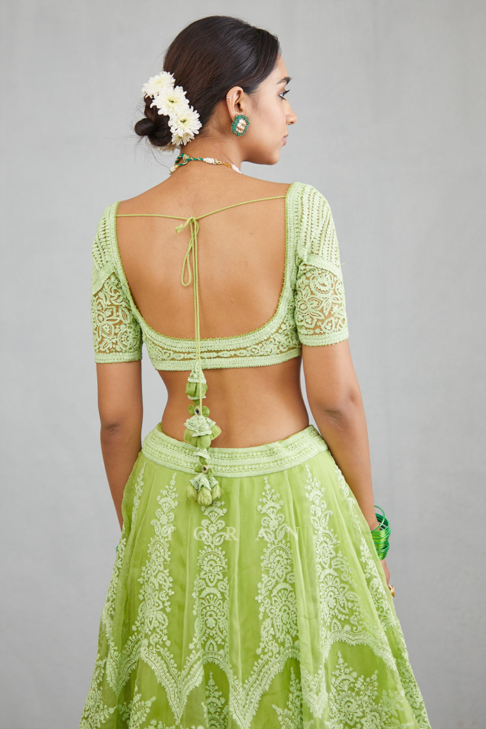 embroidered deep round back blouse for lehenga