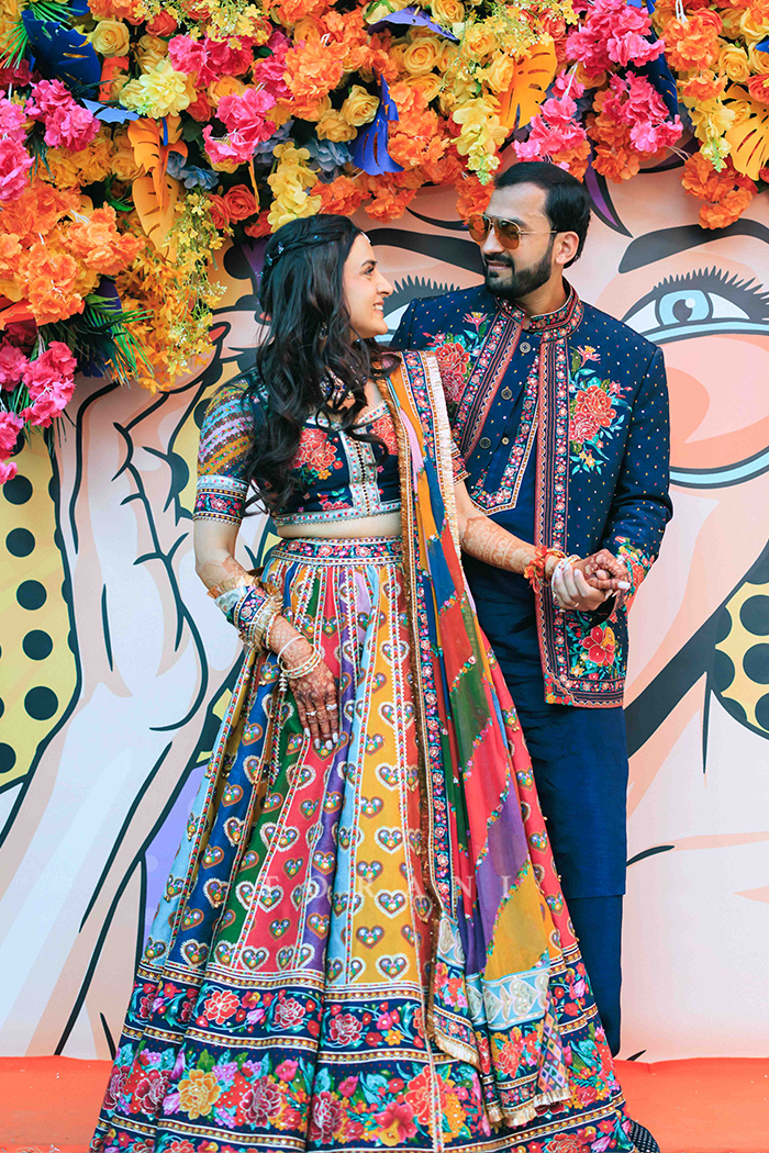 Radhika & Abhishek in our Dil Rangrez Jiya Lehenga Set and Custom Dil Rang Arham Jacket Set