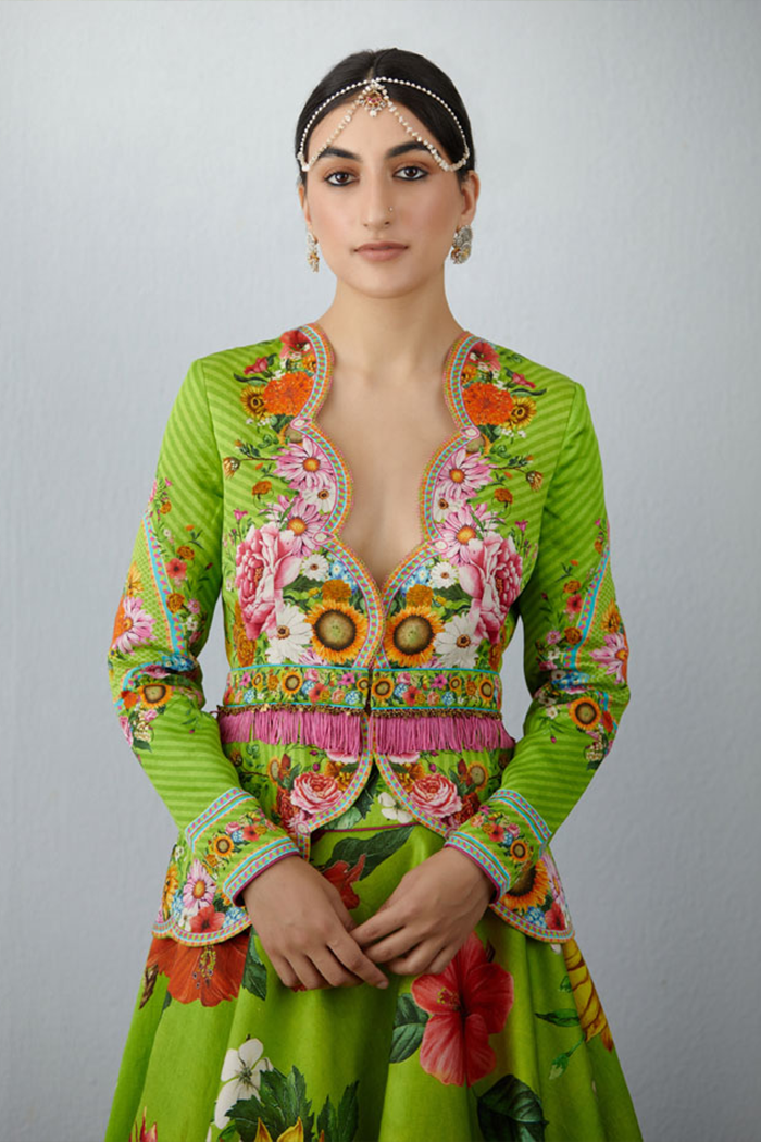 Digital printed Handwoven chanderi long blouse for lehenga