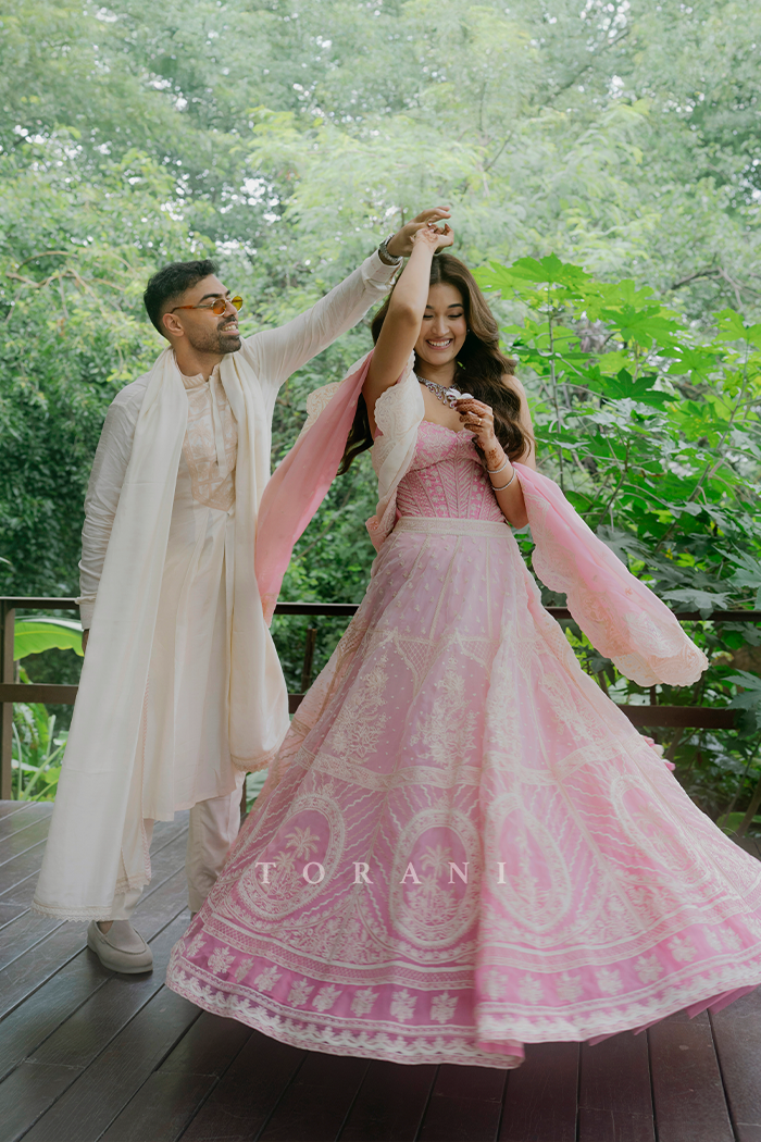 Shruti Bhargava & Shubham Torani in our Gulaban Ayra Lehenga Set and Mogra Vedant Kurta Set