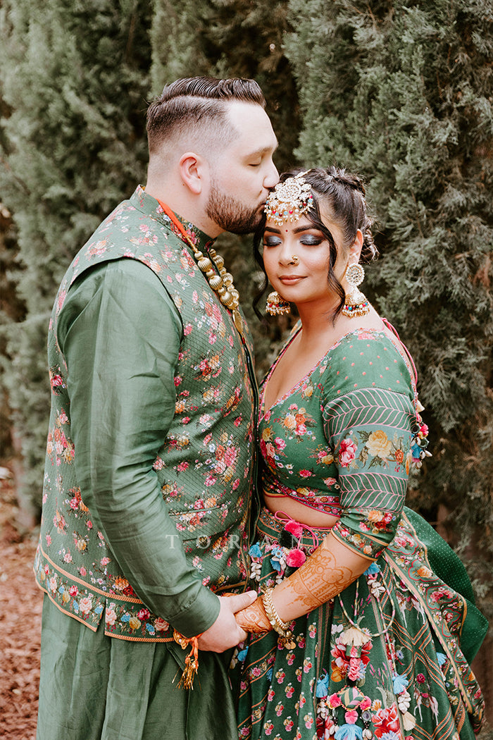 Amandeep Gill in our Panna Waheeda Lehenga Set & Demitri in our Panna Gulfam Bandi Set