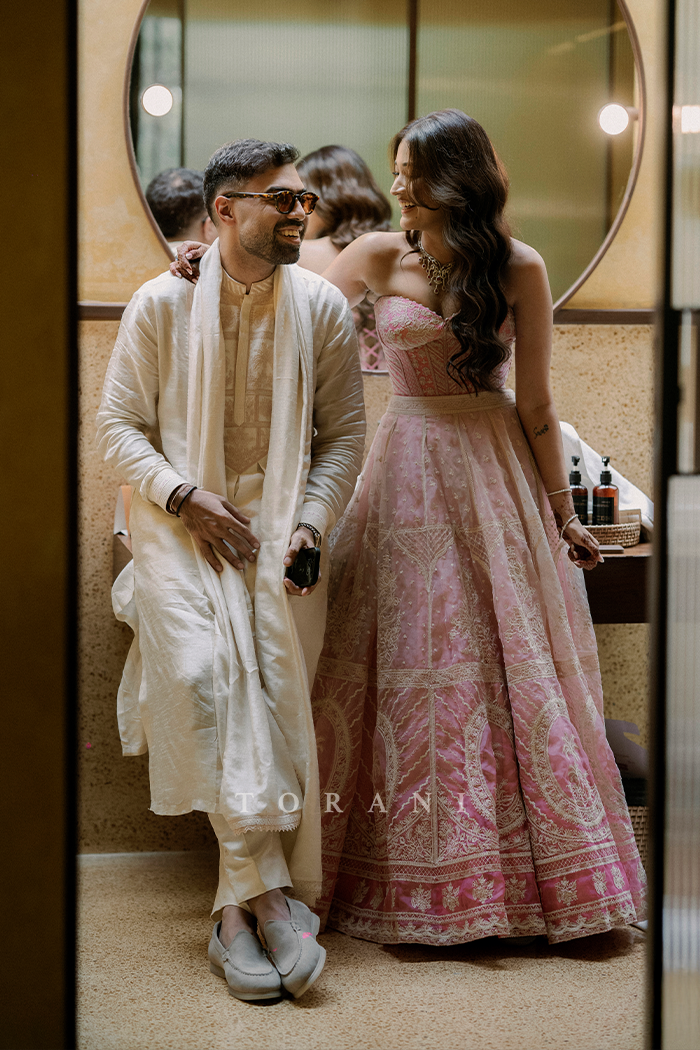 Shruti Bhargava & Shubham Torani in our Gulaban Ayra Lehenga Set and Mogra Vedant Kurta Set