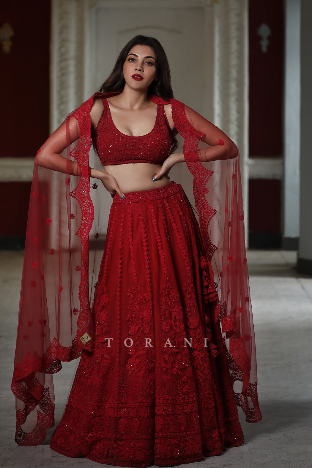Kajal Aggarwal Kitchlu in our Surkh Mrinal Lehenga Set