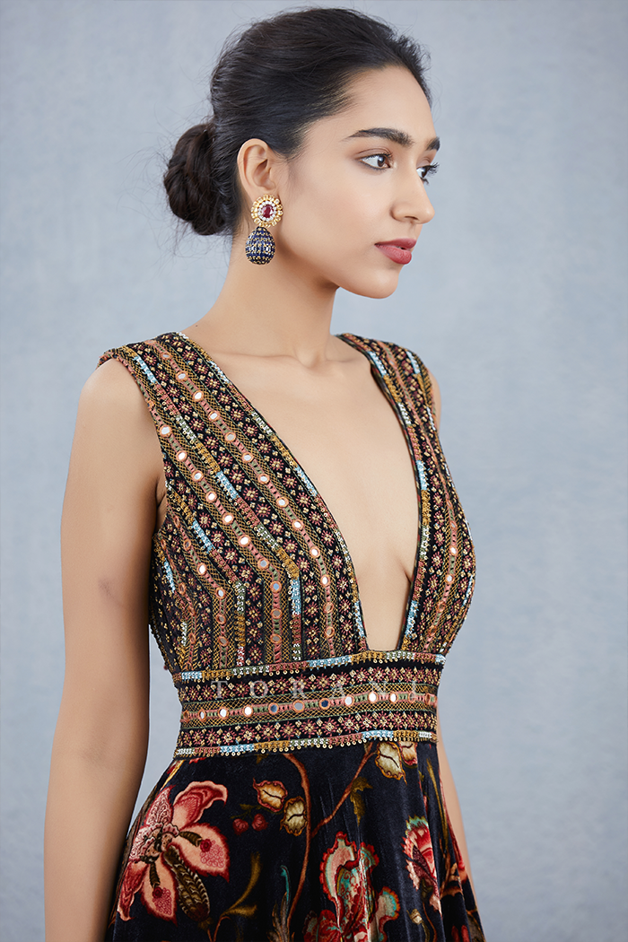 Black printed anarkali dress in silk velvet