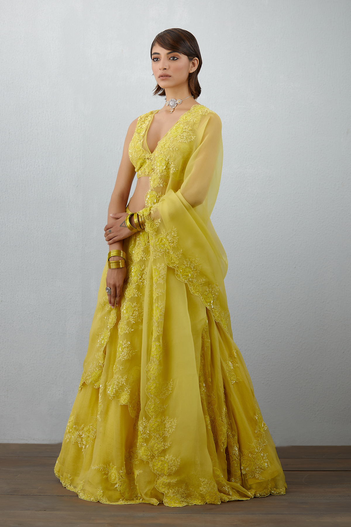 Yellow Organza lehenga choli set with lycra dupatta