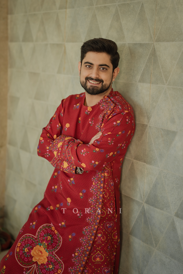 Aakrati and Vaibhav in our Dil Seher Bhavi Lehenga Set & Dil Surkh Mamun Kurta Set