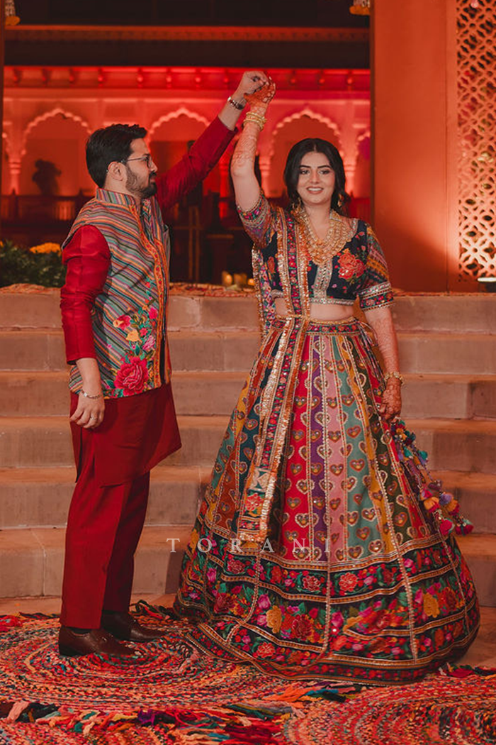 Jinali and Harshit in our Dil Rangrez Jiya Lehenga Set and Custom Dil Rang Ebi Bandi Set