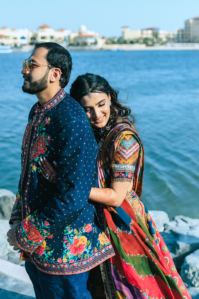 Radhika & Abhishek in our Dil Rangrez Jiya Lehenga Set and Custom Dil Rang Arham Jacket Set