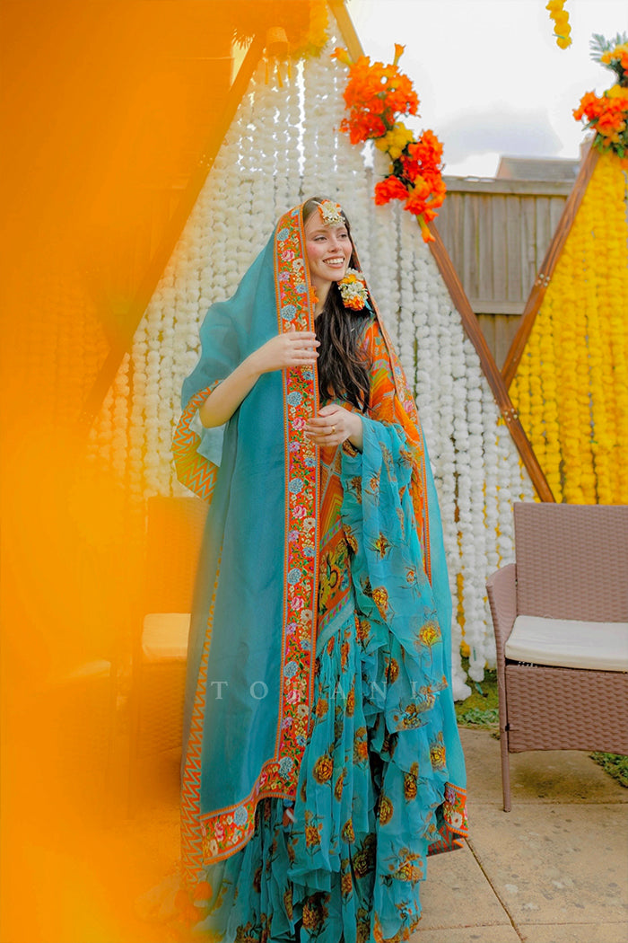 Fahmida Khan in our Custom Firoza Ikjot Saree & Odhni