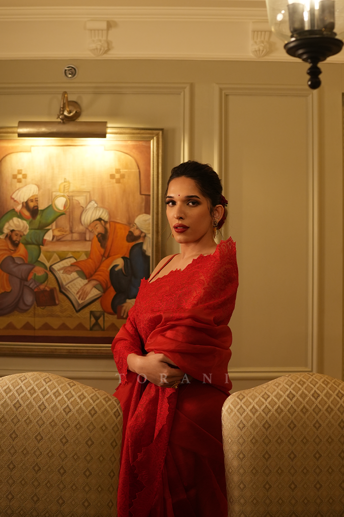 Trinetra Haldar Gummaraju in our Surkh Farrin Anaadi Saree Set